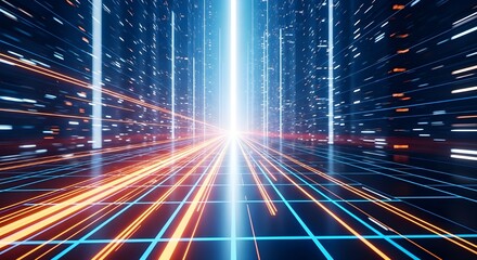 High-speed data transmission through a futuristic digital city with glowing blue and orange light trails representing information flow