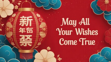 Red chinese lantern with golden ornaments and text wishing good fortune, surrounded by clouds and flowers for lunar new year celebration