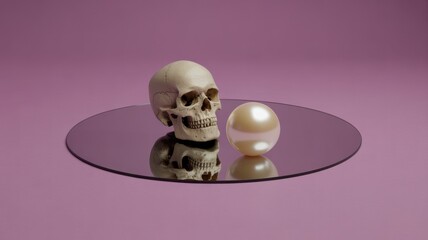 A human skull and a pearl sit on a reflective surface against a purple background, symbolizing mortality and preciousness
