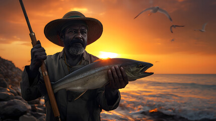Fisherman holding a large fish at sunset, with birds flying overhead and a rifle slung over his shoulder.
