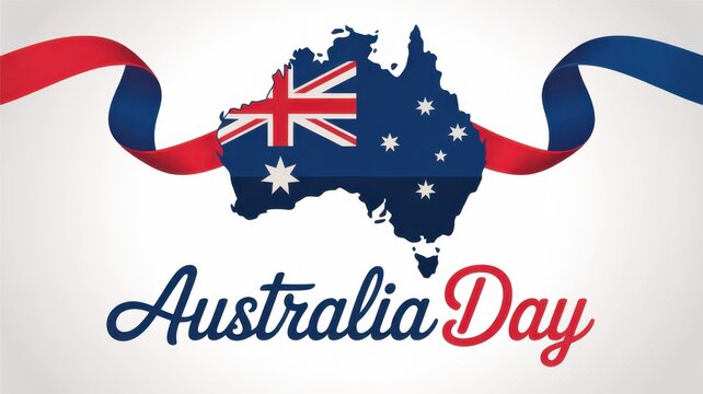Australia day celebration with the australian flag superimposed on the map of australia, framed by red and blue ribbons