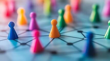 Colorful game pieces connected by lines on a light blue surface