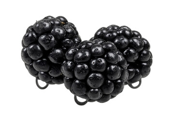 Three fresh ripe blackberries showing delicious succulent texture and dark berry color with transparent background