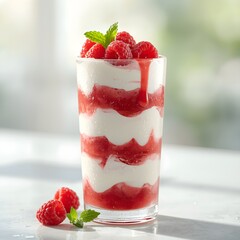 Elegant layered dessert with creamy white mousse and vibrant red raspberry coulis, topped with fresh raspberries and mint, served in a glass on a reflective white surface.