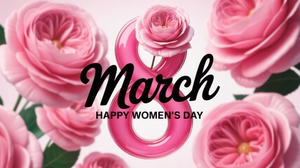 Happy womens day greeting with pink roses and number 8