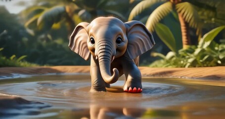 An adorable baby elephant playfully wading in a shallow jungle watering hole, surrounded by the lush greenery of a tropical rainforest