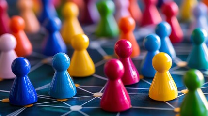 Colorful game pieces on a board representing strategy and connection