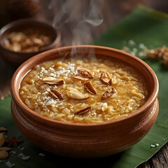 Traditional South Indian Sweet Pongal made with rice, mung lentils, and jaggery, garnished with ghee-fried nuts, served hot on a banana leaf during festive celebrations.