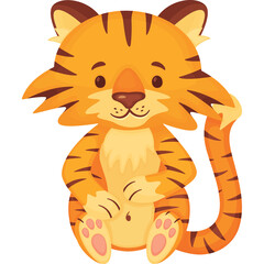 Cute Cartoon Tiger Sitting Front View Orange Stripes White Belly Adorable Feline Animal Illustration Transparent Background