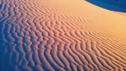 Golden hour desert sand dunes rippling texture abstract natural pattern warm light blue shadows - Powered by Adobe