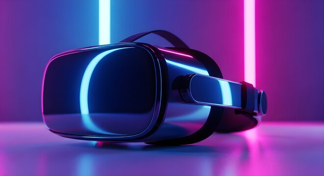 Modern virtual reality headset glowing with vivid neon illumination, representing advanced immersive digital experiences and cutting-edge technological innovation
