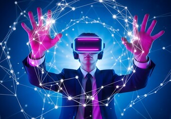 Businessman wearing a virtual reality headset interacts with a glowing digital network, experiencing a futuristic immersive interface