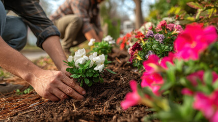 Two people are planting vibrant flowers in garden, focusing on white and pink blooms. scene captures essence of gardening and teamwork, with hands gently placing plants into rich soil