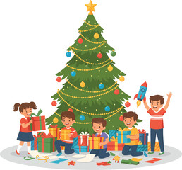 Children opening presents around a decorated Christmas tree.