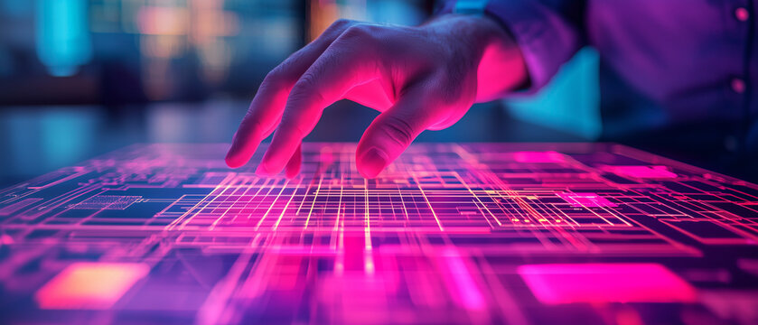 Hand interacting with futuristic holographic interface technology - Powered by Adobe