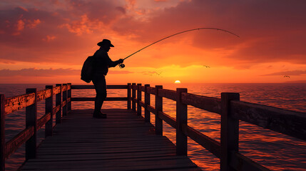 Fototapeta premium Silhouette of a fisherman casting a line from a pier during a vibrant sunset.