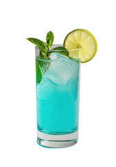 Elegant highball glass with sparkling turquoise artisanal beverage, delicate effervescence, lime slice, and mint sprig on a transparent studio background. Concept of premium refreshment