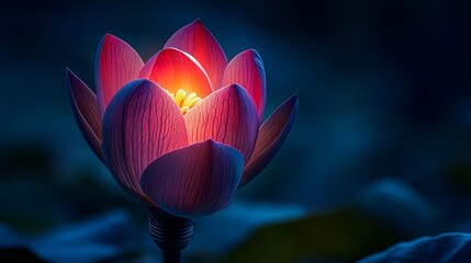 Lotus flower blooms vibrantly with pink petals against a dark, blurred background, displaying intricate details and a radiant glow.