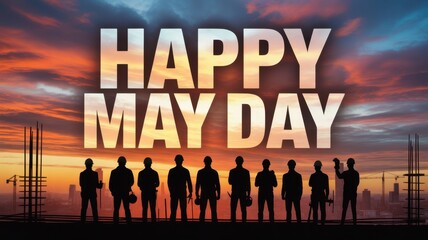 Happy may day greeting with silhouettes of construction workers against a dramatic sunset sky, symbolizing labor and celebration