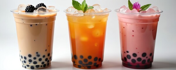Three bubble tea drinks in clear plastic cups show assorted flavors like milk tea and fruity blends. Each cup contains tapioca pearls and ice cubes, served with toppings like berries and mint.