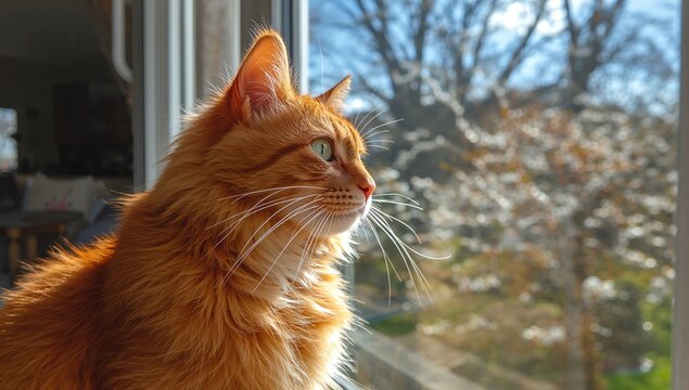 The ginger cat gazing out the open window during spring, relaxation and stress relief theme