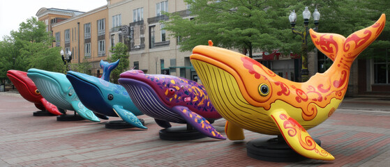 Colorful whale sculptures line brick paved street, showcasing vibrant designs and patterns. playful art installation features various hues, including orange, purple, blue, and teal, adding
