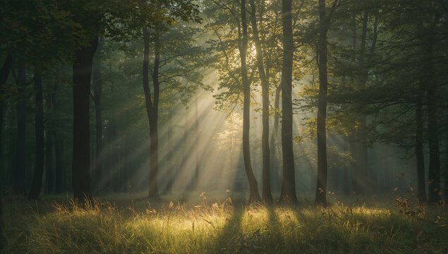 Sunlight filtering through trees in a dense forest, showcasing natural light patterns