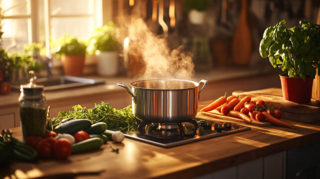  Steaming pot with fresh produce in rustic kitchen