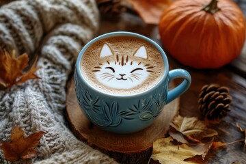Fototapeta premium A cup of hot coffee with cute cat latte art on top, placed on a wooden surface surrounded by autumn leaves. Warm fall colors and cozy atmosphere perfect for concepts of relaxation, coffee time, creati