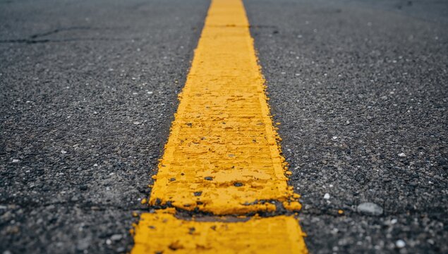 Yellow road marking on grey asphalt texture, functional background for layout