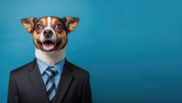 Confused dog in a business suit appears bewildered, humorous animal attire for workplace themes