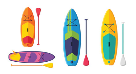 Colorful collection of paddle boards and paddles a vibrant summer scene