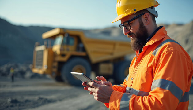 Man in uniform using tablet near mining truck. Industrial worker controls work with digital tech. Construction engineer monitors process at open pit. Mining industry job. Heavy machinery at work.