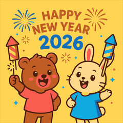 Festive Happy New Year 2026 flat vector logo featuring a joyful bear and rabbit holding firecrackers, ideal for celebrations and seasonal greetings