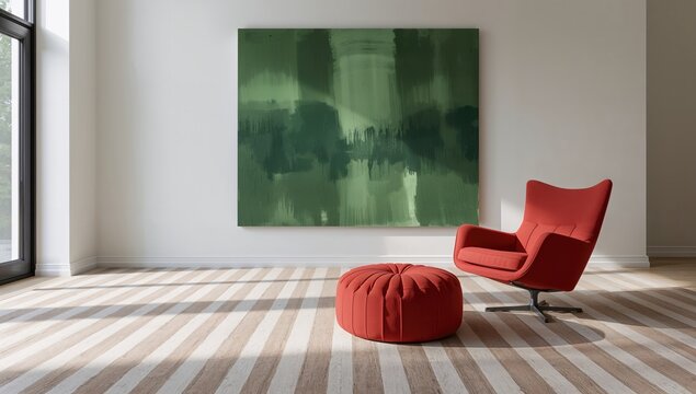 Striped carpet and pouf in a roomy lounge featuring a red armchair and a green artwork, design accent for modern interiors