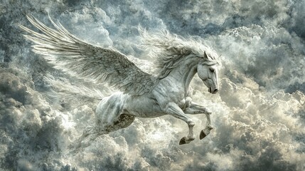 Fototapeta premium Majestic white Pegasus soars dynamically through a sky filled with puffy clouds, showing its powerful form and feathered wings in mid-flight.