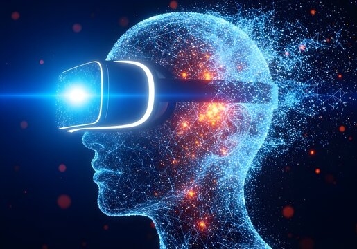 Futuristic Digital Human Head with Futuristic VR Headset Displaying Digital Light and Futuristic Technology Elements