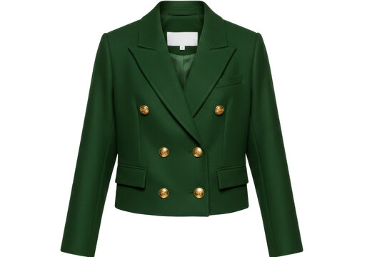 Isolated cropped dark green women's double-breasted blazer, a stylish jacket for fashion editorials