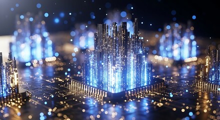 Futuristic digital city with glowing lights and data streams, representing advanced technology and interconnectedness in a modern urban landscape