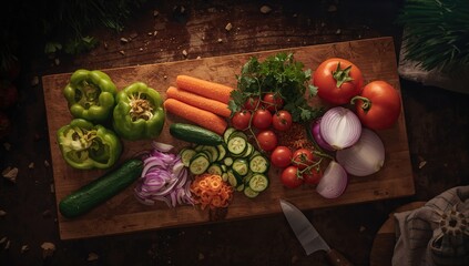 Sliced vegetables arranged on a wooden cutting board with fresh tomatoes, onions, and parsley, healthy meal preparation setting