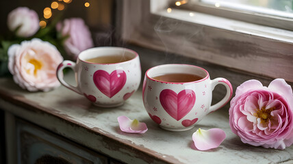 Cozy Pink Heart Moment: Steaming Herbal Tea in Delicate Cups with Floral Bliss and Golden Sparkles