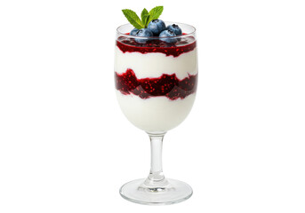 Isolated parfait dessert in a clear glass with fresh blueberries and mint leaves on top