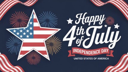 Happy 4th of july independence day celebration with american flag star and fireworks on a dark blue background