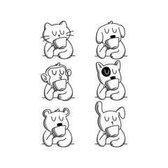 CUTE ANIMAL IS DRINKING A CUP OF COFFEE ILLUSTRATION SET