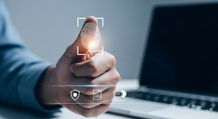Fingerprint scan on a finger for secure access on laptop computer, with icons for security, document and communication.