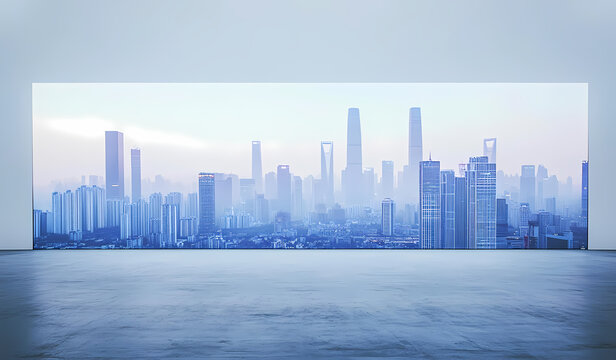 Modern Cityscape Panorama in Empty Hall
