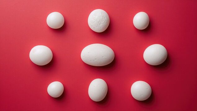 Nine white stones arranged on a red surface, suitable for backgrounds and layouts
