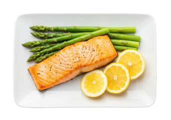 Isolated grilled salmon fillet with asparagus and lemon slices on a rectangular plate dish