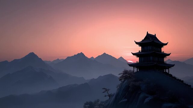Tang-style architecture stands on a mountain peak surrounded by clouds creating a profound artistic conception