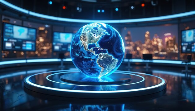 Glowing Earth hologram rotates in futuristic news studio. Digital screens display global data. City skyline visible through panoramic window background. Modern broadcast set.